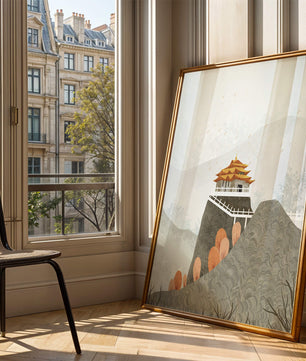 Serene mountain landscape with traditional Asian architecture