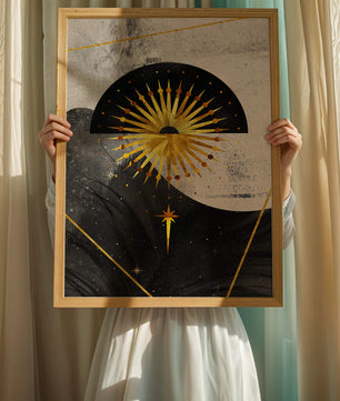 Abstract cosmic design featuring golden sunburst and celestial elements