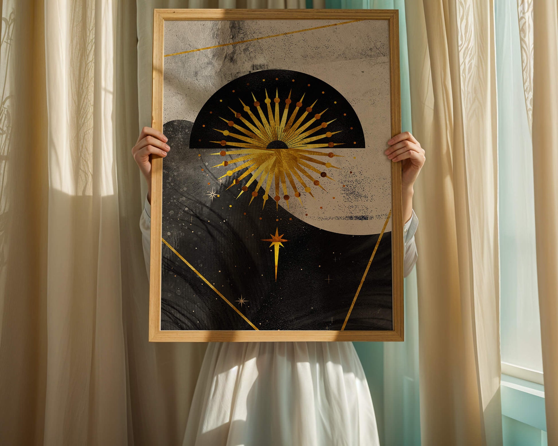 Abstract cosmic design featuring golden sunburst and celestial elements