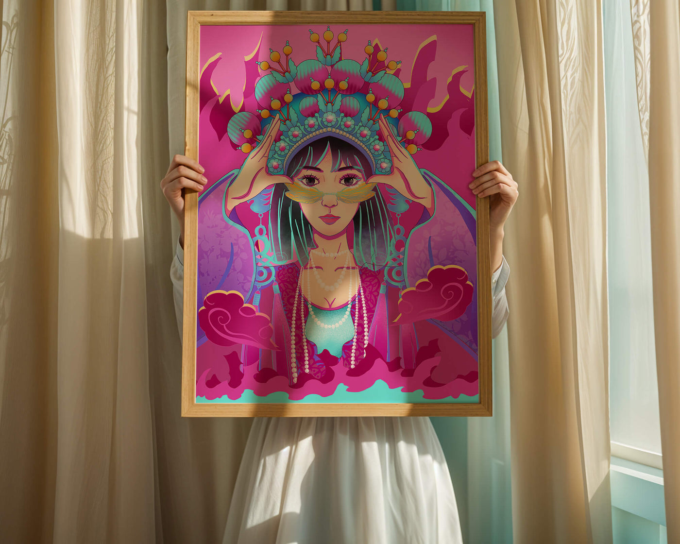 Colorful illustration of a woman in traditional costume with ornate headpiece