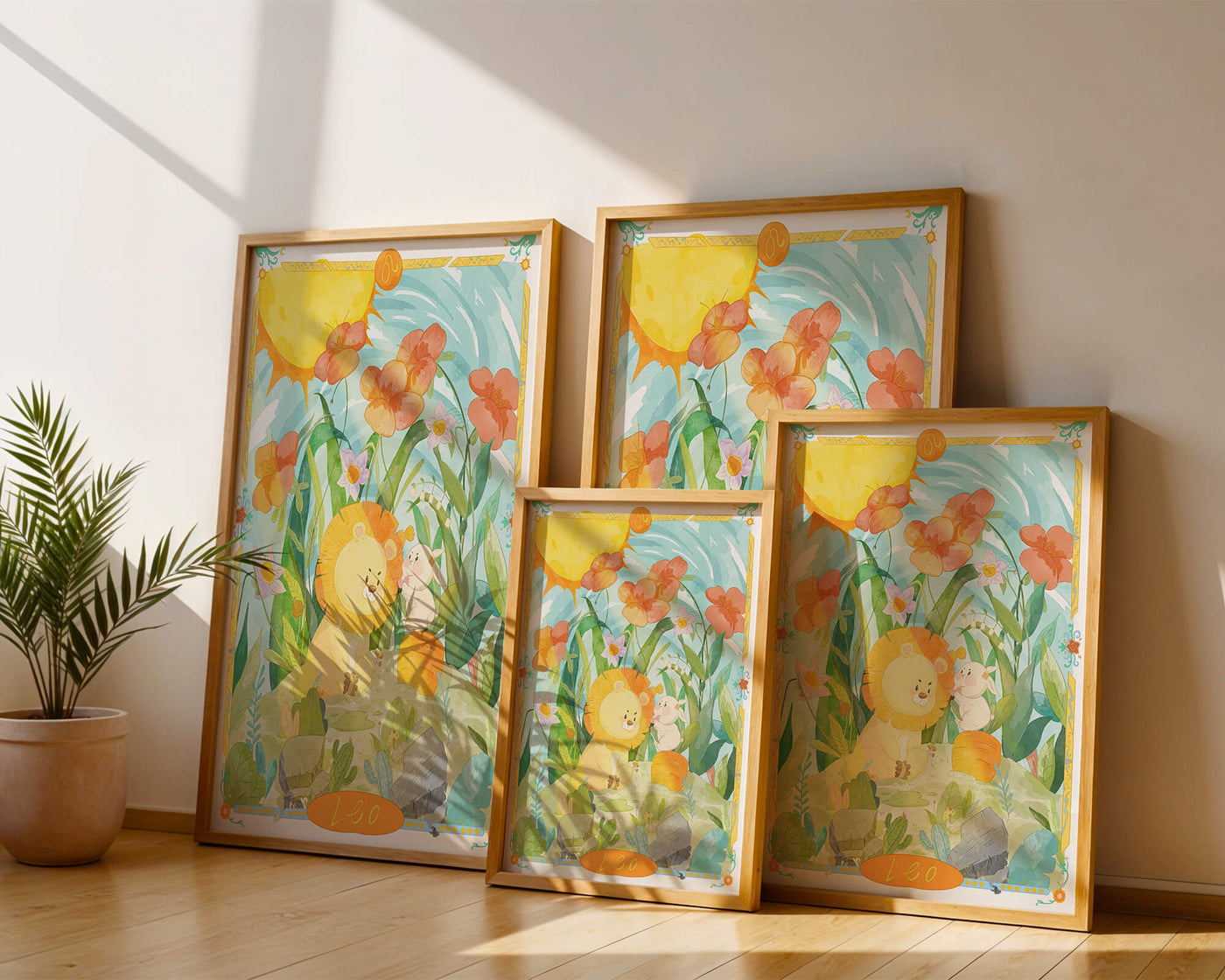 Charming watercolor illustration of lion and rabbit in a vibrant floral landscape