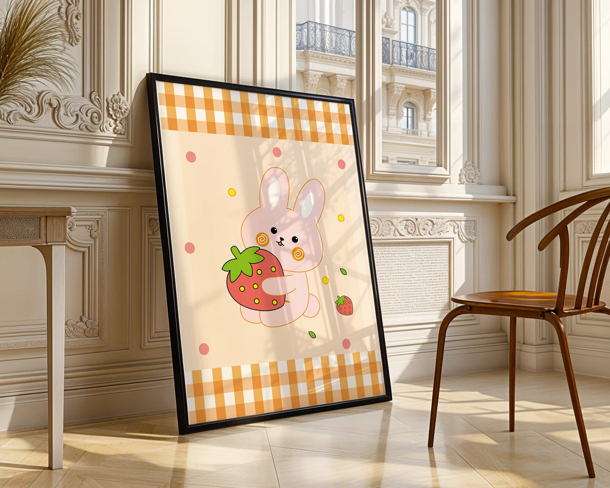 Adorable bunny holding strawberry illustration with gingham pattern