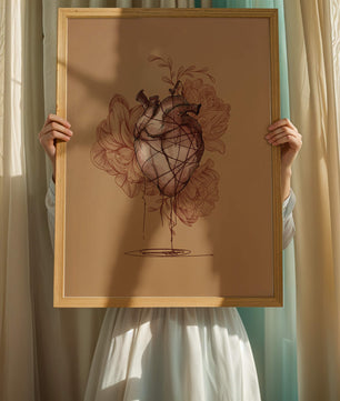 Ilustración detallada de un corazón anatómico con elementos florales sobre fondo beige