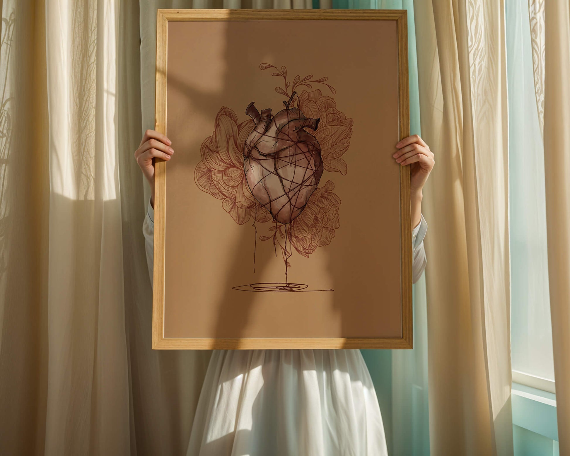 Ilustración detallada de un corazón anatómico con elementos florales sobre un fondo beige.