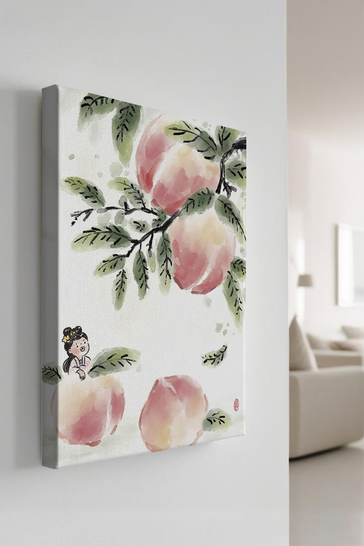 Encantadora ilustración de una chica entre flores de melocotón y hojas verdes