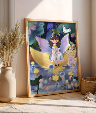 Enchanting fairy scene with glowing jellyfish and moon backdrop