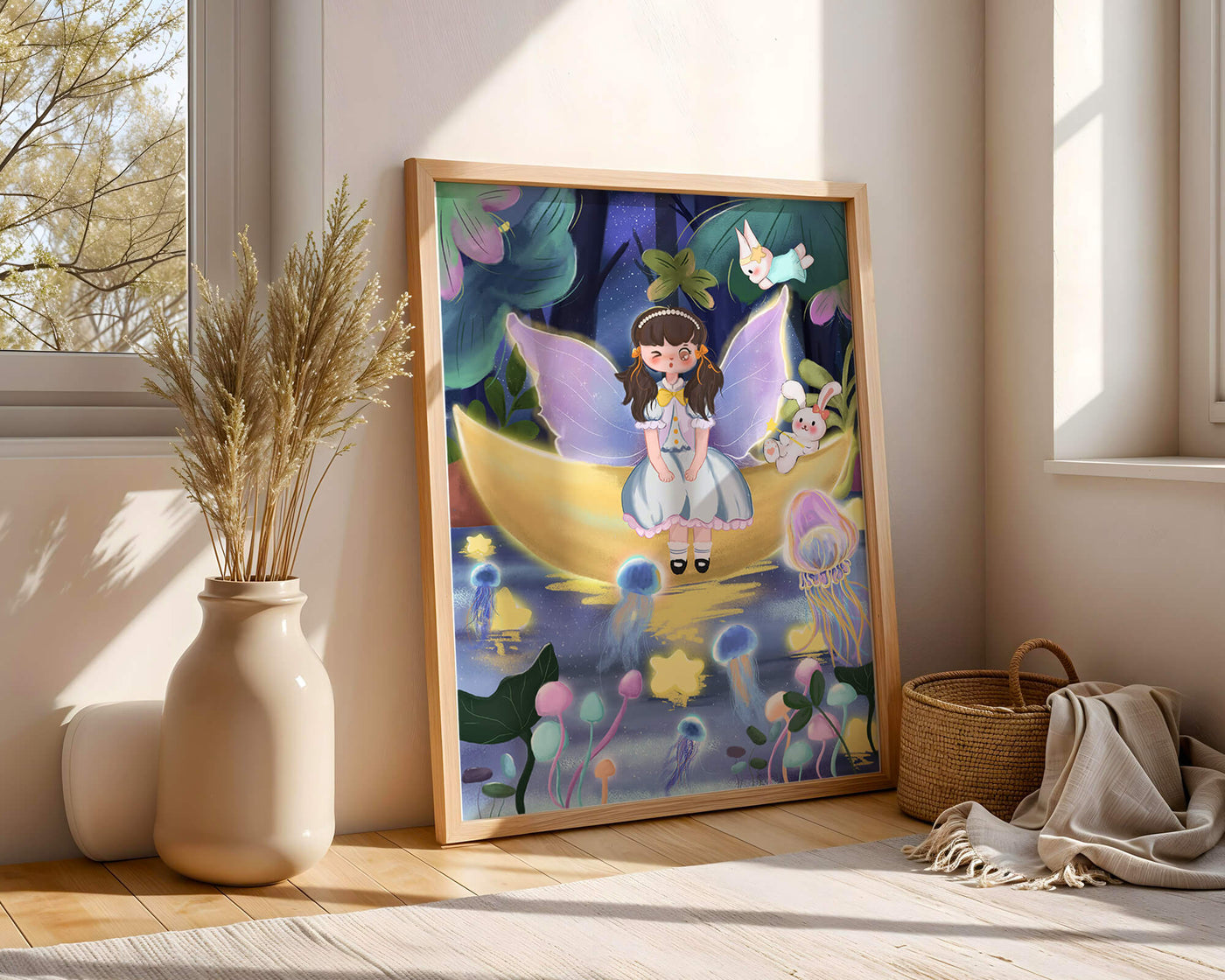 Enchanting fairy scene with glowing jellyfish and moon backdrop