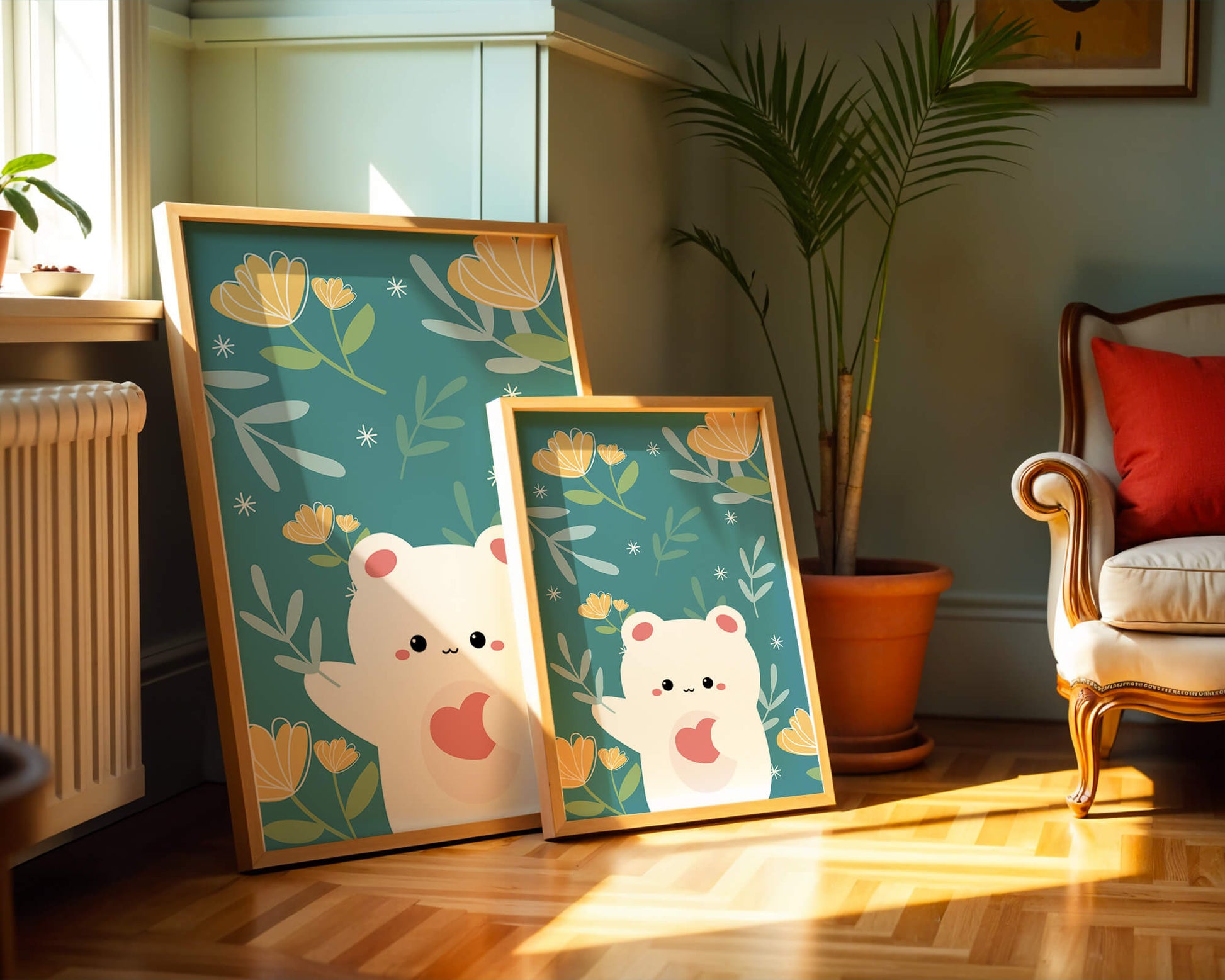 Adorable bear with heart surrounded by whimsical floral elements
