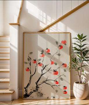 Elegant botanical illustration with vibrant red fruit on branches
