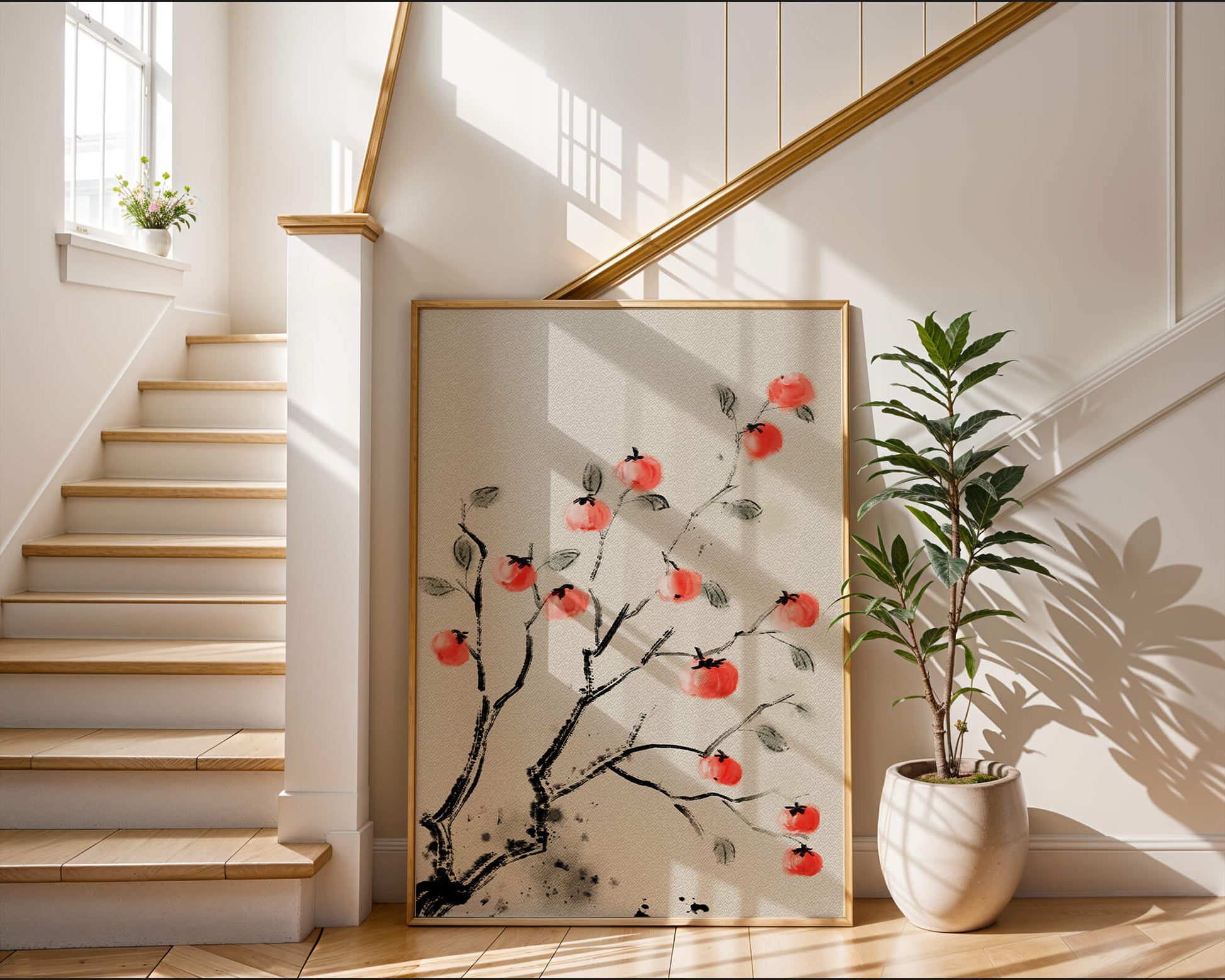 Elegant botanical illustration with vibrant red fruit on branches