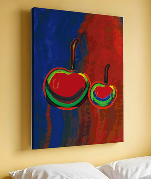 Pintura abstracta de cerezas con colores vibrantes