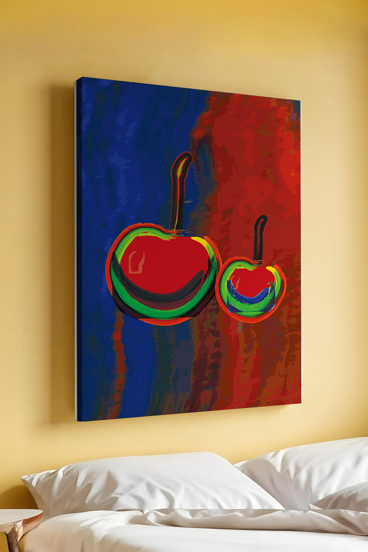 Pintura abstracta de cerezas con colores vibrantes.
