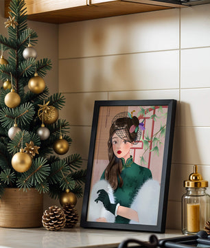 Elegant woman in vintage attire with netted hat and floral elements