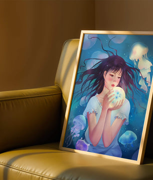 Enchanted underwater scene with girl and glowing jellyfish