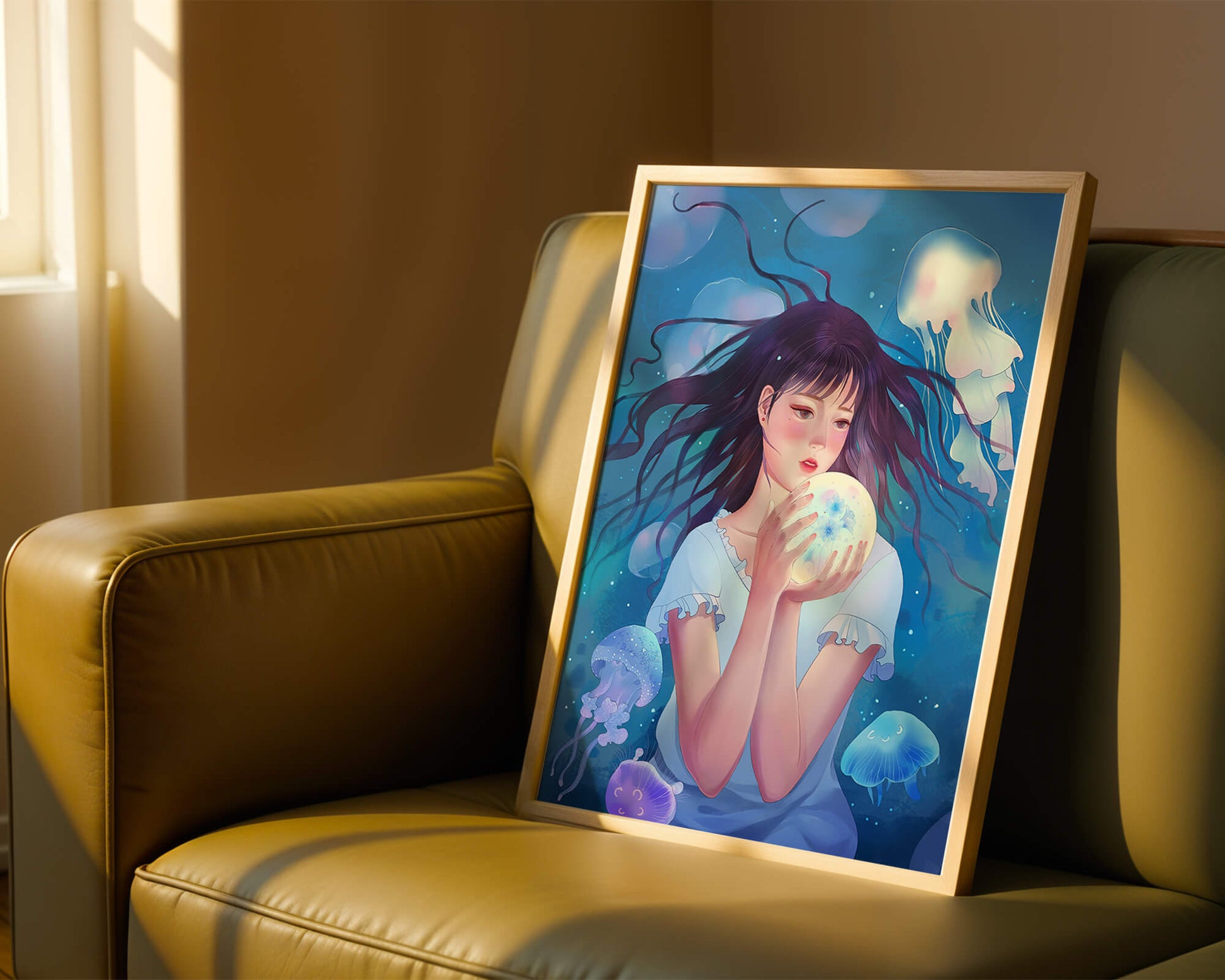 Enchanted underwater scene with girl and glowing jellyfish