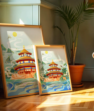 Alter chinesischer Pavillon am Wasser mit Kranichen und Bergen