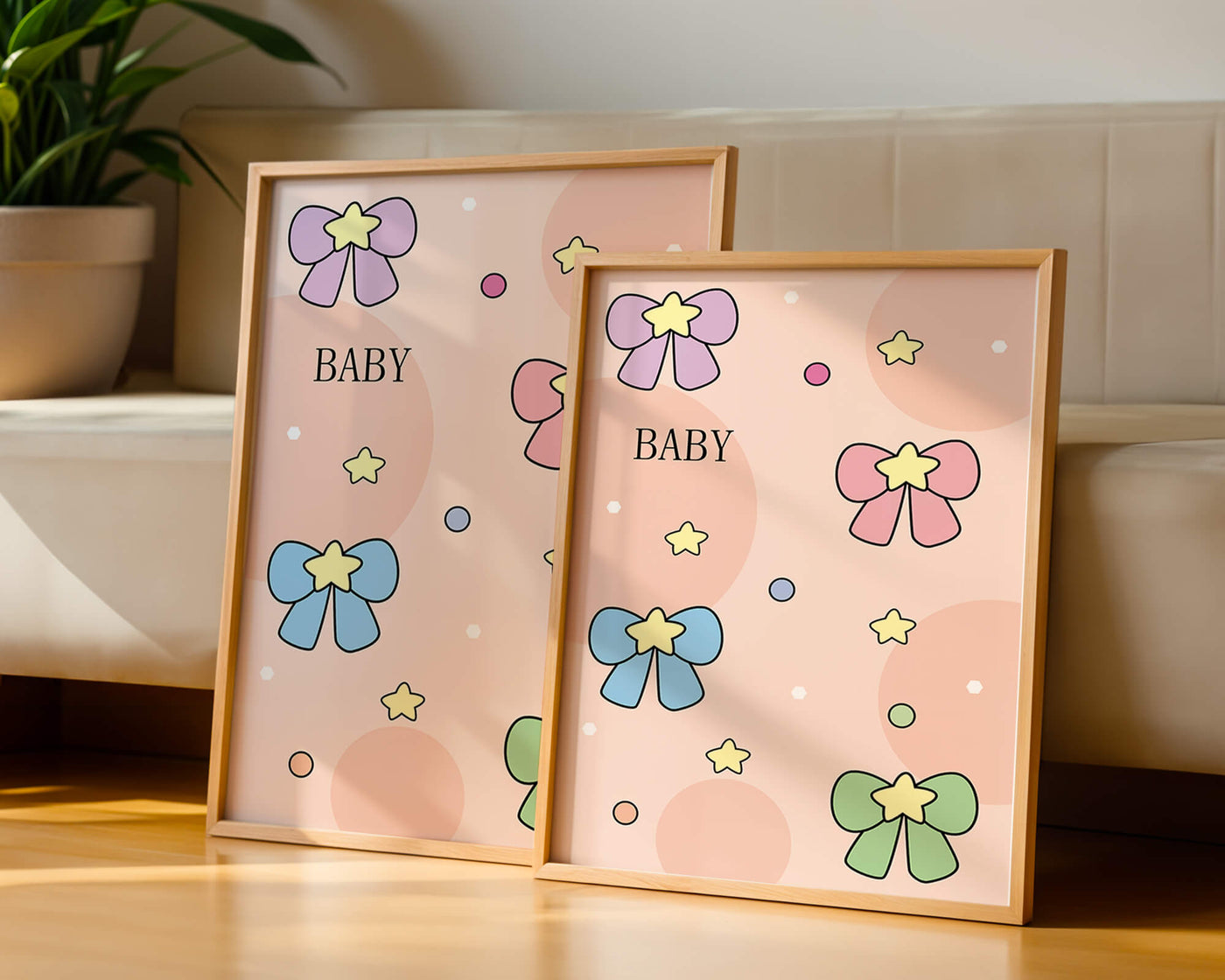 Colorful baby-themed backdrop with bows and stars