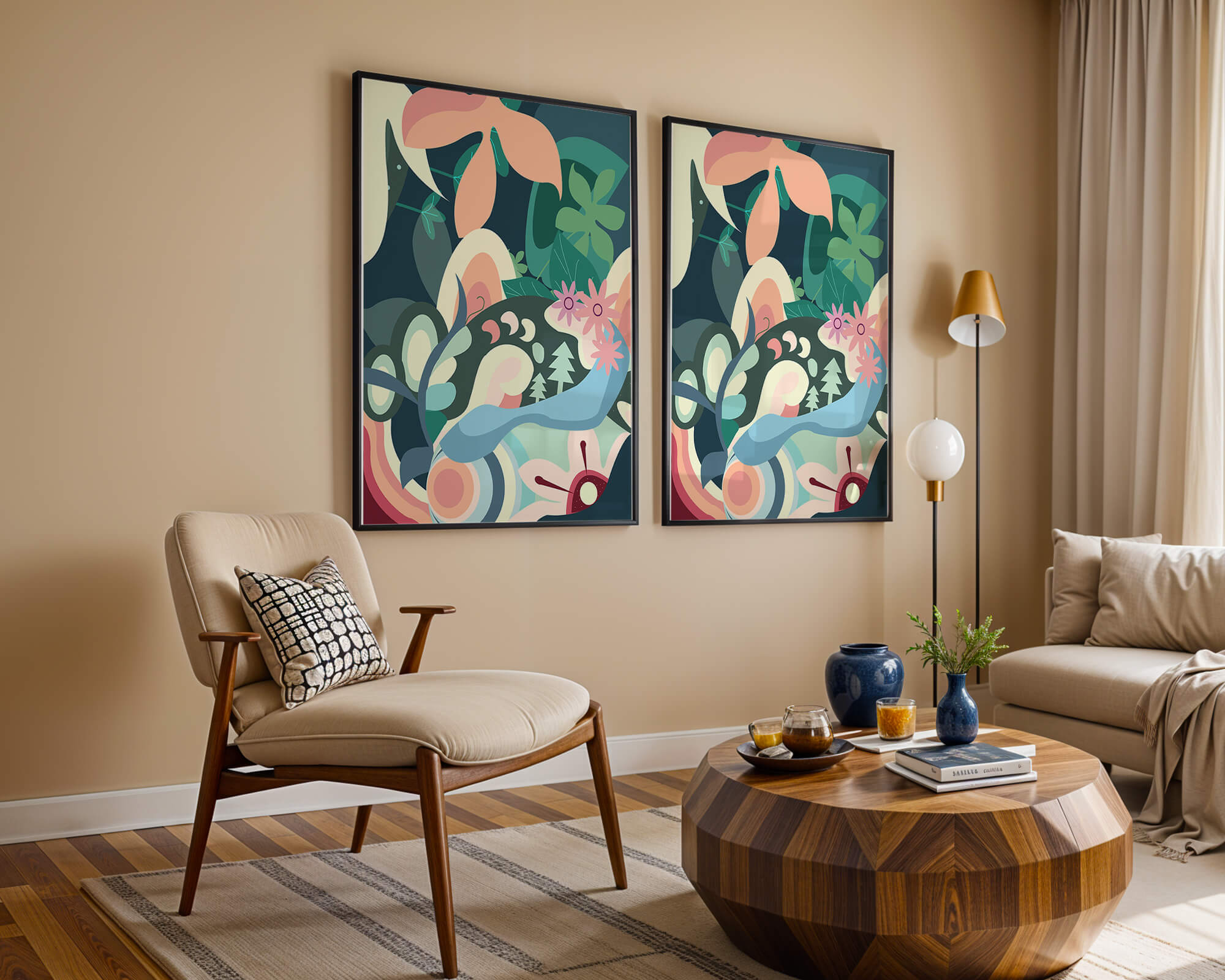 Abstract floral illustration with pastel colors and nature elements