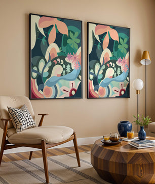 Abstract floral illustration with pastel colors and nature elements