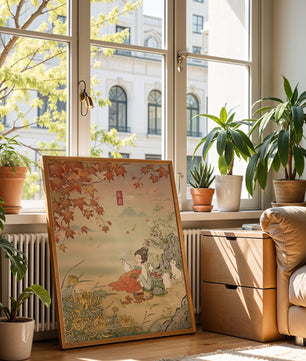 Traditional Chinese painting with autumn scenery and lady sipping tea