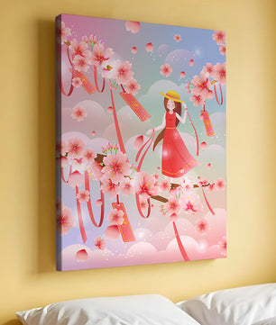 Scène printanière sereine avec des cerisiers en fleurs et une fille portant un chapeau