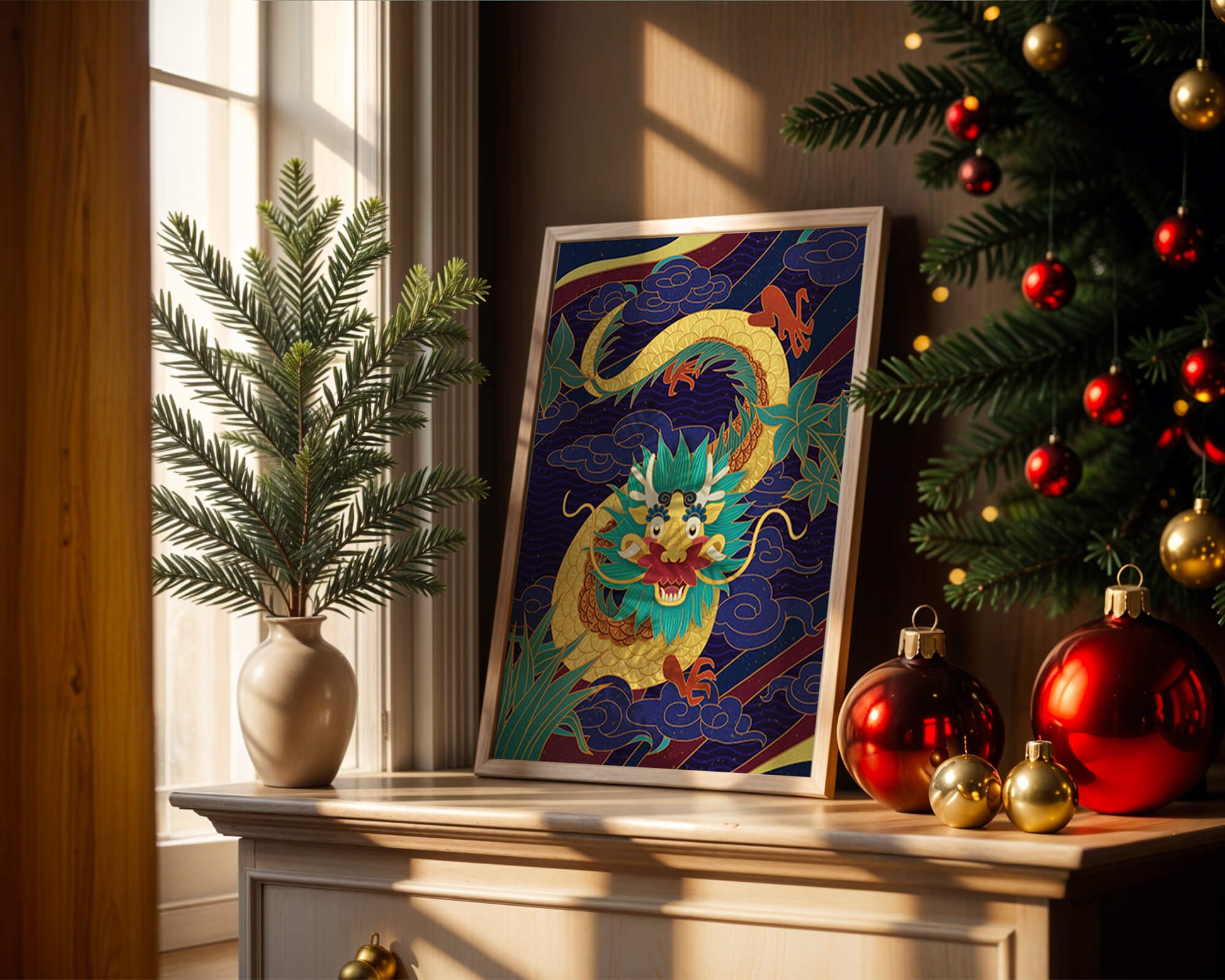 Illustration de dragon coloré avec des nuages ​​et des éléments de feuillage