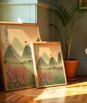 Serene landscape illustration with mountains and cherry blossoms
