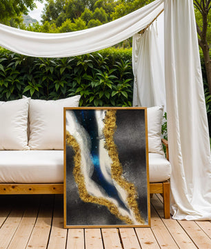 Abstract flowing design with gold, blue, and white textures