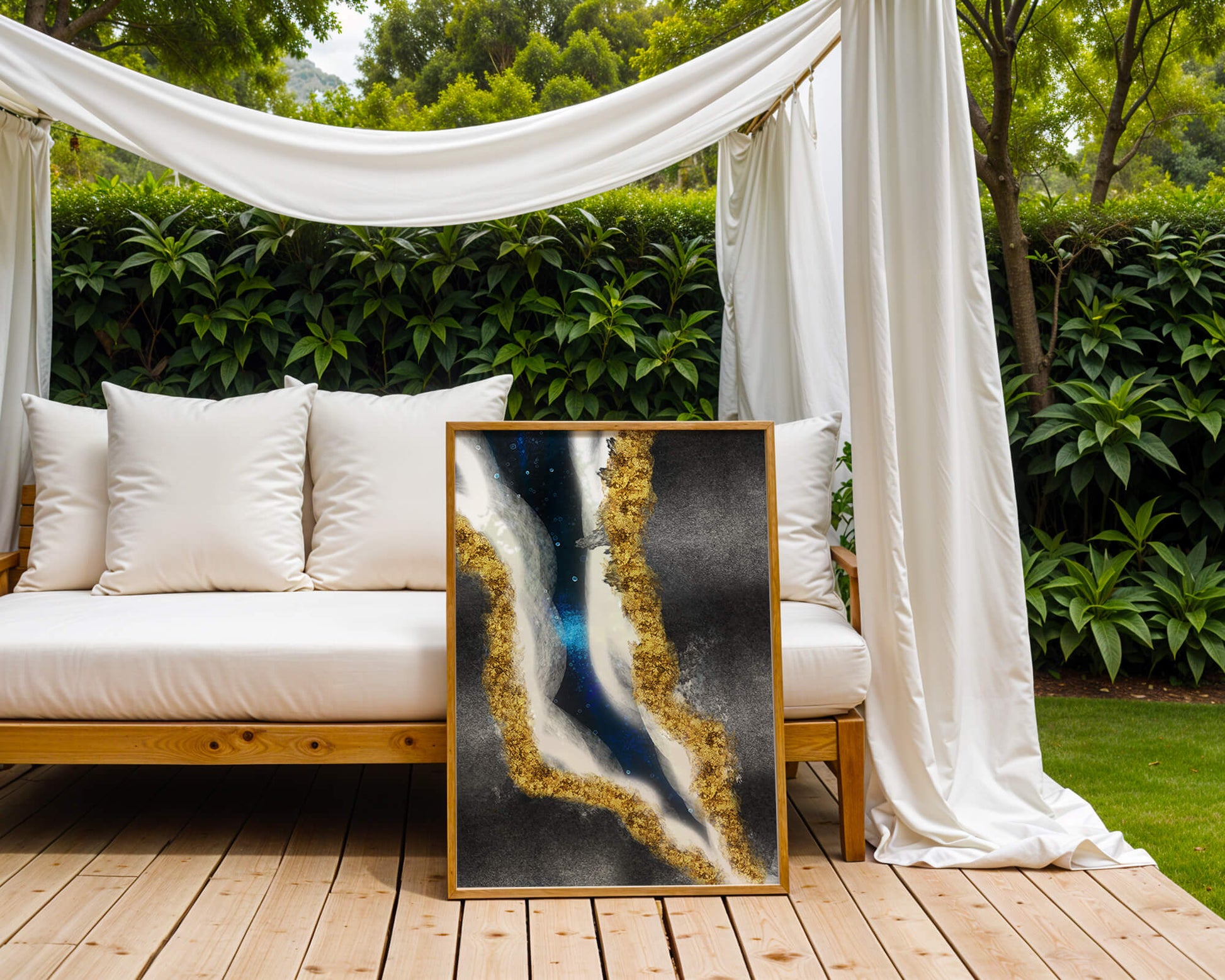 Abstract flowing design with gold, blue, and white textures