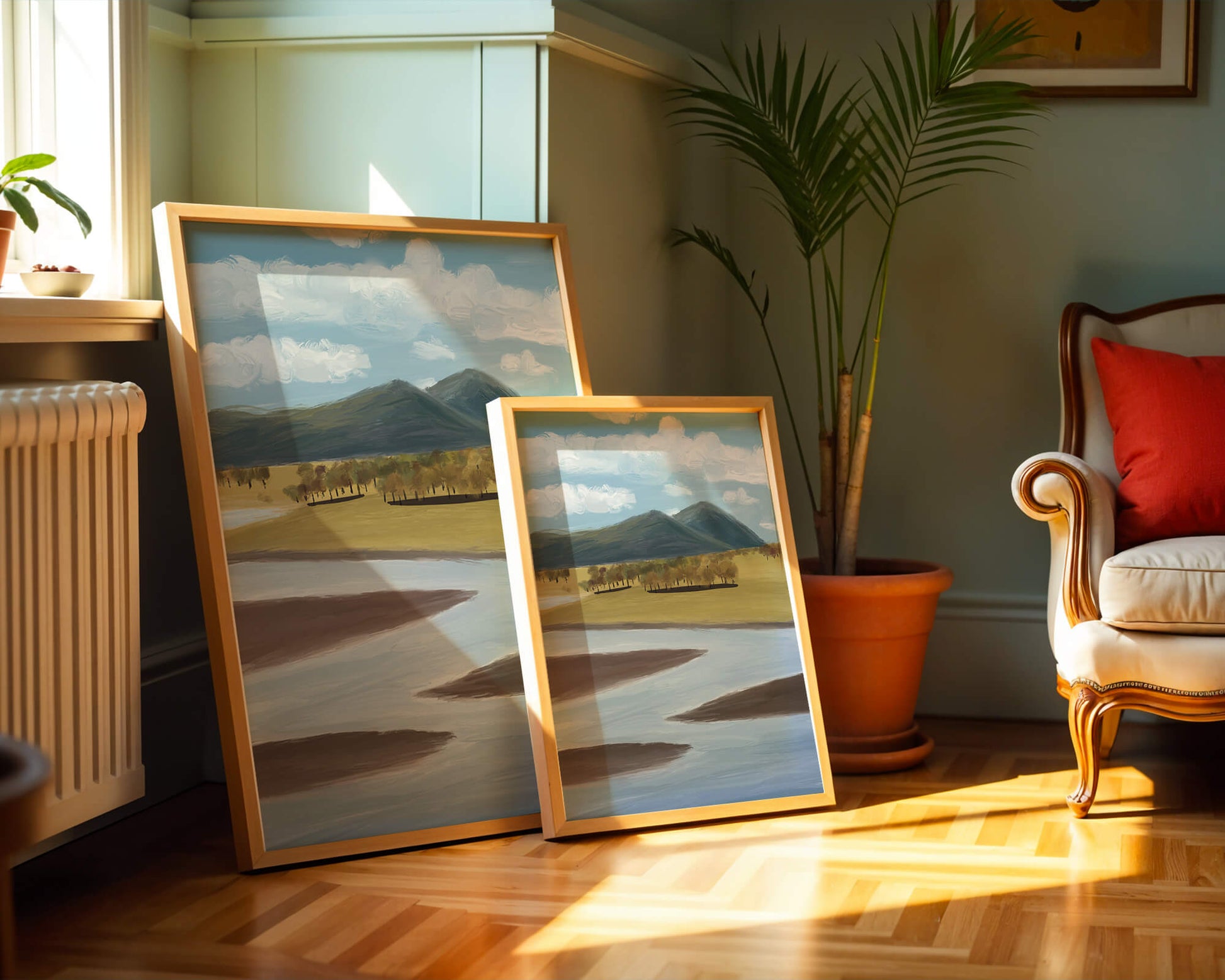 Serene Landscape with Mountains, Trees, and River