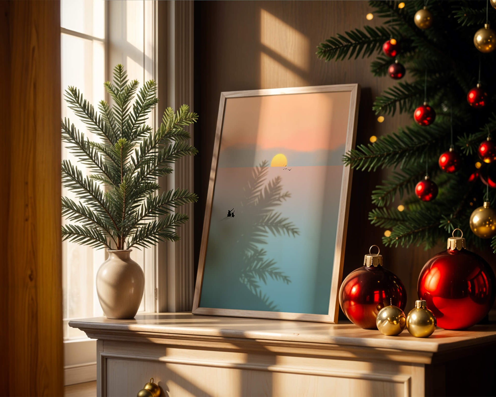 Serene Sunset with Silhouettes and Birds over a Calm Sea