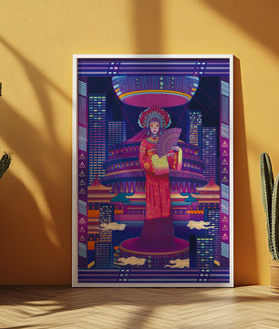 Futuristic Asian Inspired Artwork with Neon Colors and Geisha in Traditional Attire