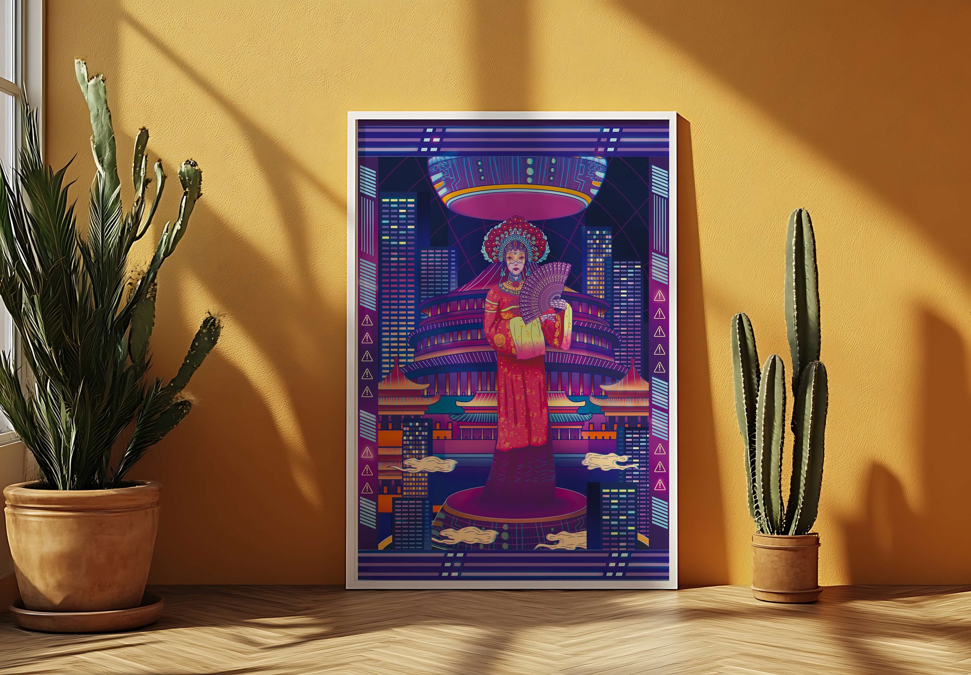 Futuristic Asian Inspired Artwork with Neon Colors and Geisha in Traditional Attire