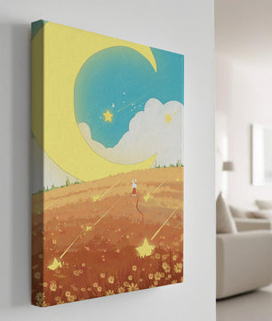 Paisaje nocturno onírico con luna y estrellas en un campo