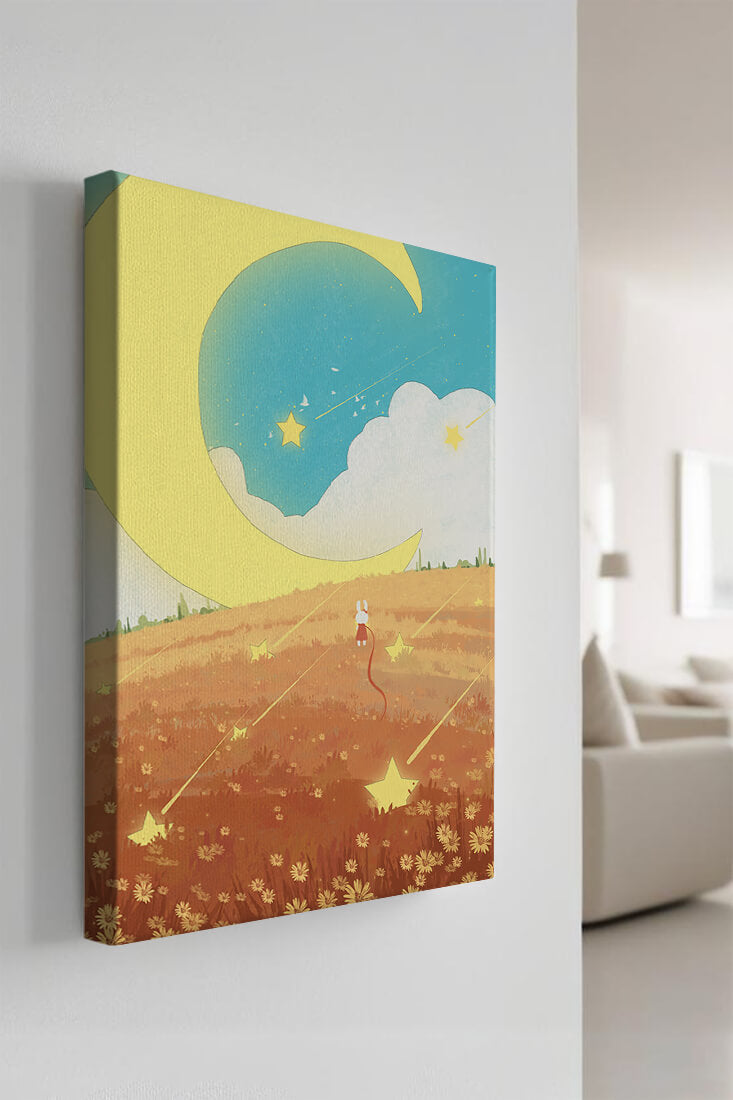 Dreamy Nighttime Landscape with Moon and Stars in a Field