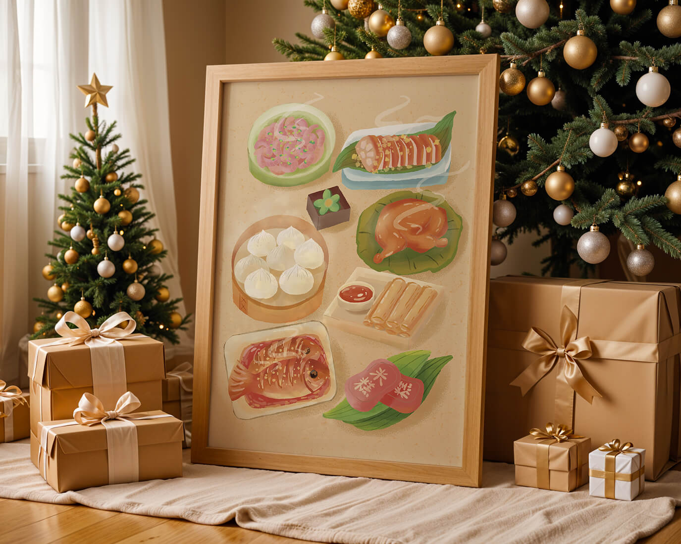 Colorful Representation of Asian Cuisine with Various Dishes