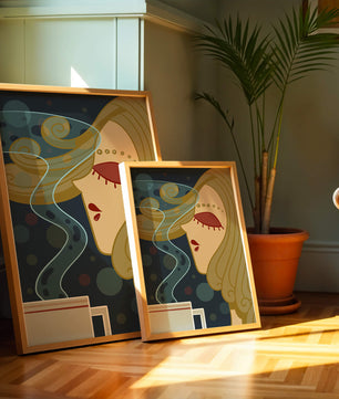 Stylized portrait of a woman with flowing hair and steaming coffee