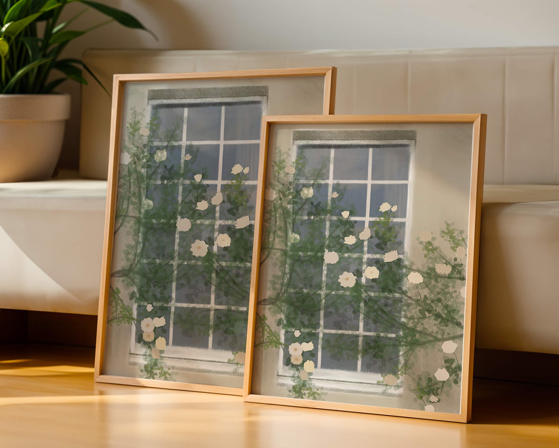 Floral Window with Climbing Roses in a Tranquil Setting