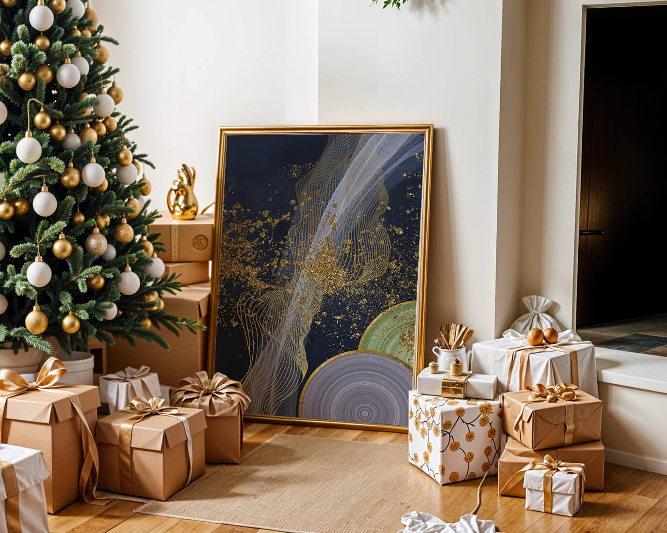 Abstract swirl with gold accents on dark background
