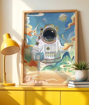 Colorful illustration of an astronaut in space with planets and rocket