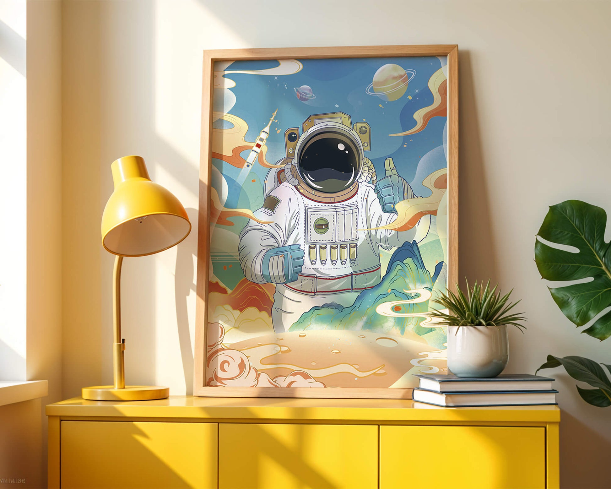 Colorful illustration of an astronaut in space with planets and rocket