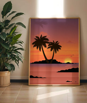 Sunset Over Tropical Island with Palm Trees and Birds - Mi tienda