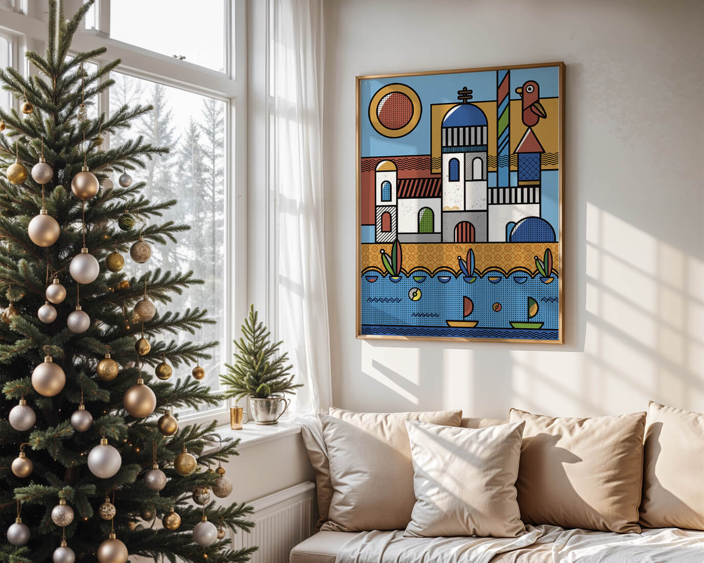 Bunte geometrische Küstendorf-Illustration mit Vögeln und Booten