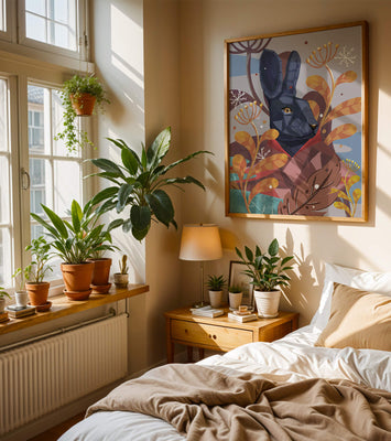 Abstract geometric rabbit in a vibrant autumn floral setting