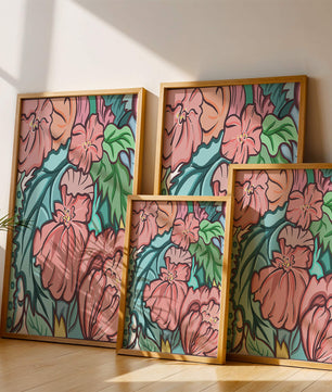 Elegant floral pattern illustration with pink blossoms and green leaves