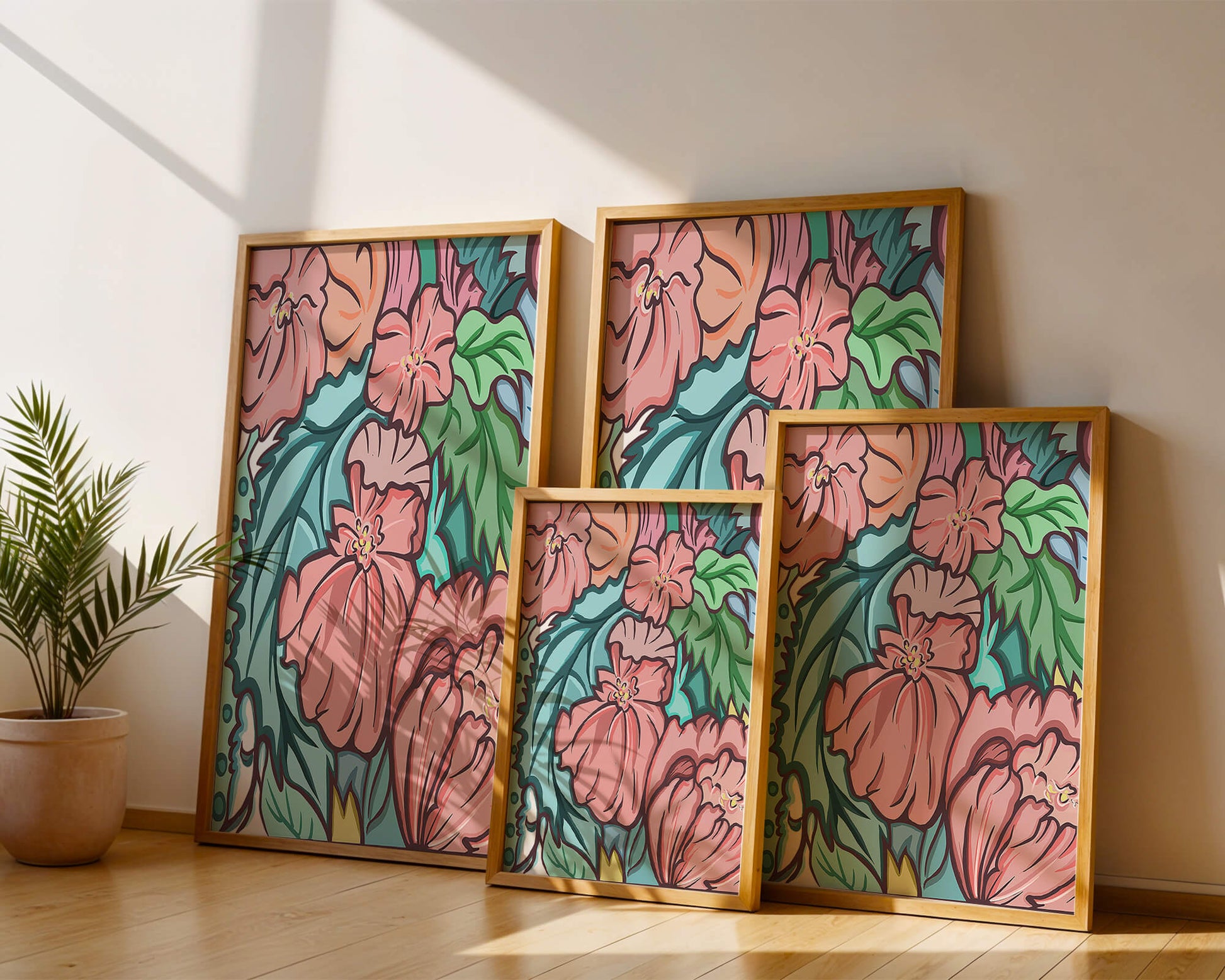 Elegant floral pattern illustration with pink blossoms and green leaves