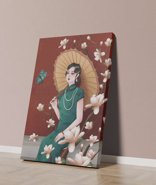 Mujer elegante con parasol y flores de magnolia sobre fondo rojo