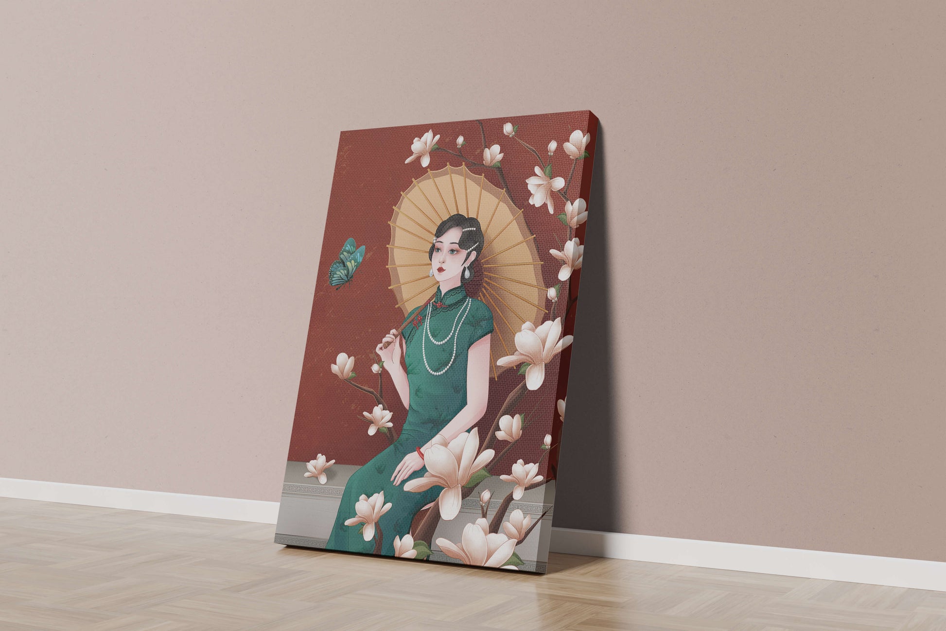 Mujer elegante con parasol y flores de magnolia sobre fondo rojo