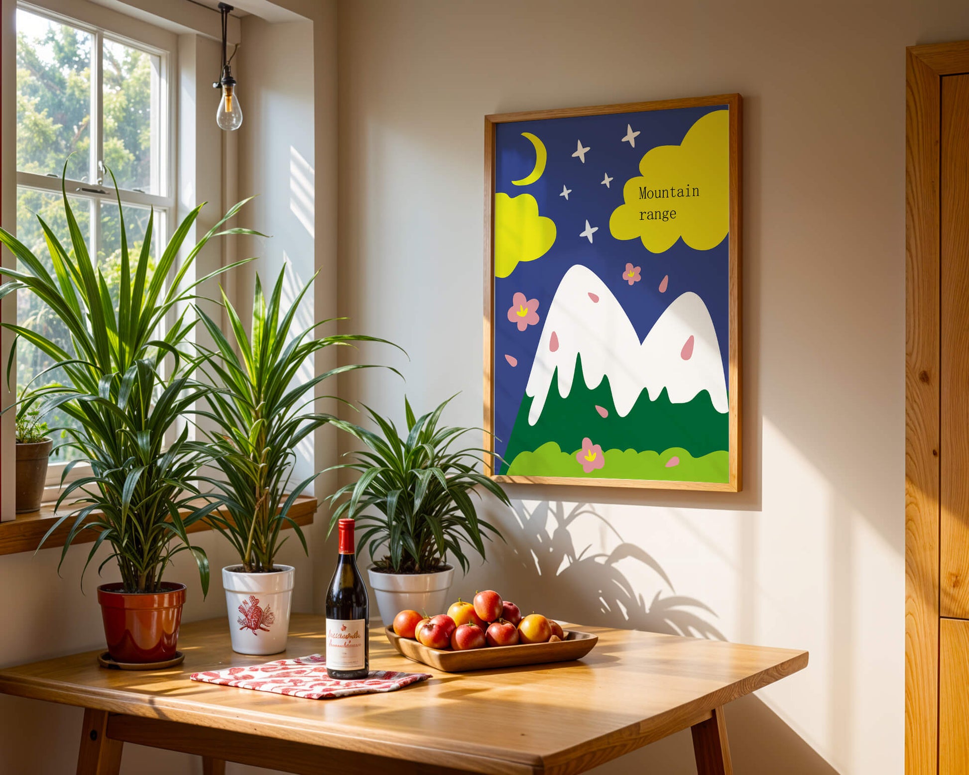 Stylized mountain landscape with starry night background and vibrant clouds