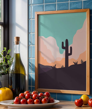 Abstract desert landscape with cactus silhouette at sunset